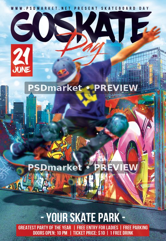 Go Skateboarding Day Urban Ramp Flyer PSD Template — PSD template preview
