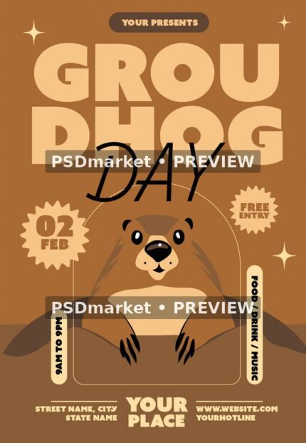 Groundhog Day Brown Cartoon Flyer PSD Template — PSD template preview