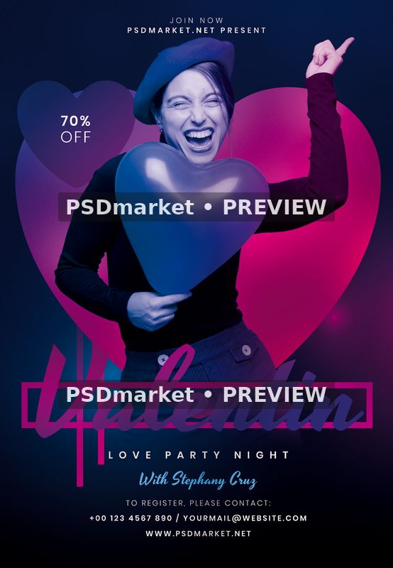 Valentine party flyer with a woman holding a heart balloon, purple hearts, and the original script headline Valentin