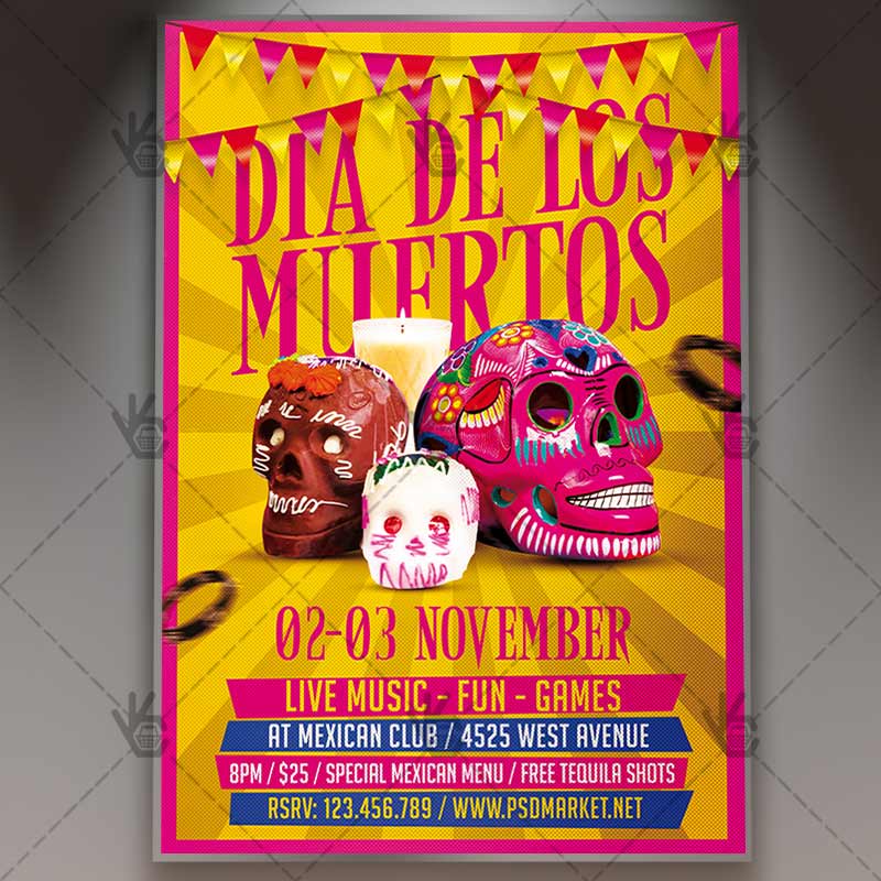 dia_de_los_muertos_party_flyer_psdmarket_1.jpg Dia De Los Muertos Party - Mexican Flyer PSD Template - Image 1