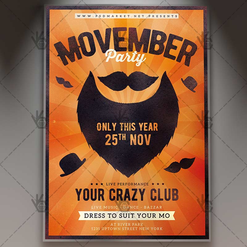 movember_party_flyer_psdmarket_1.jpg Movember Party - Seasonal Flyer PSD Template - Image 1