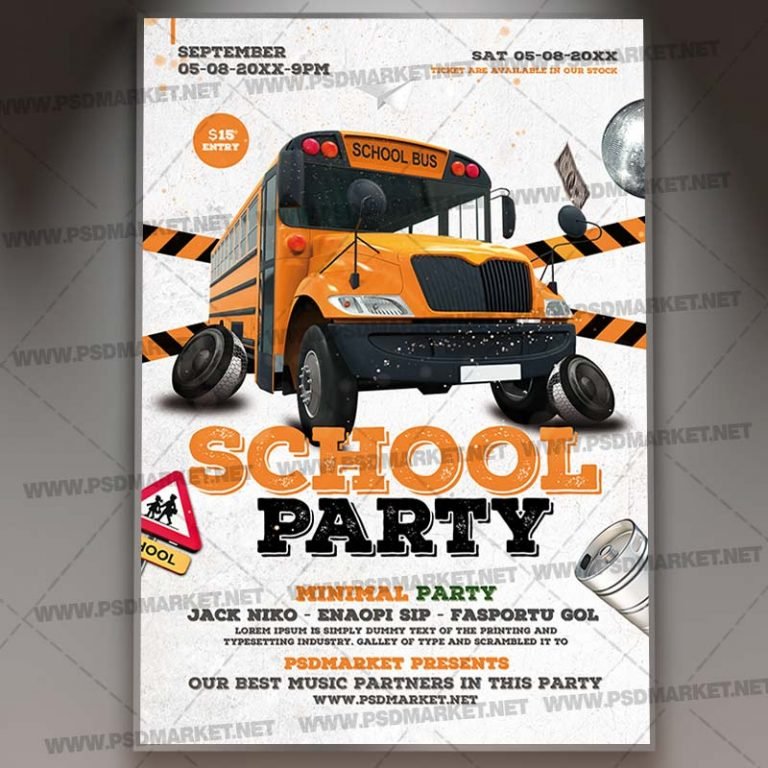School Bus Party Card Printable PSD Template | PSDmarket