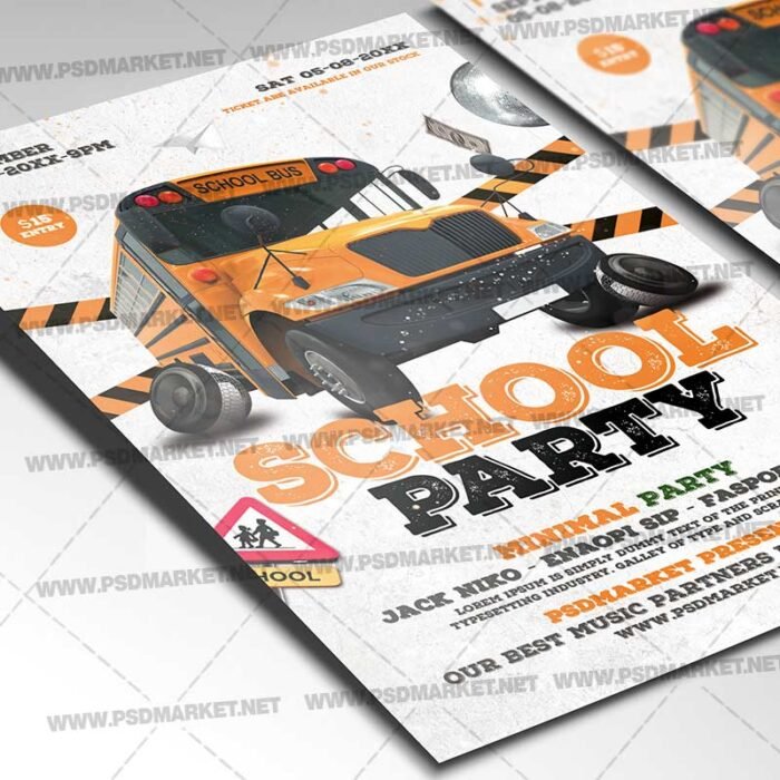 School Bus Party Card Printable PSD Template | PSDmarket