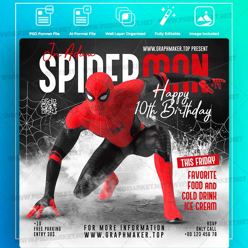 Download Spiderman Birthday Invitation - Flyer PSD Template