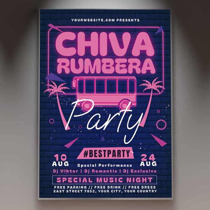 Download Chiva Rumbera Neon Party Card Printable PSD Template 1