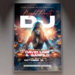 DJ Halloween Flyer Template showcasing electrifying DJ-themed visuals and bold typography.