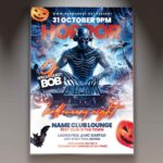 DJ Horror Night Halloween Flyer Template featuring eerie visuals and bold typography.