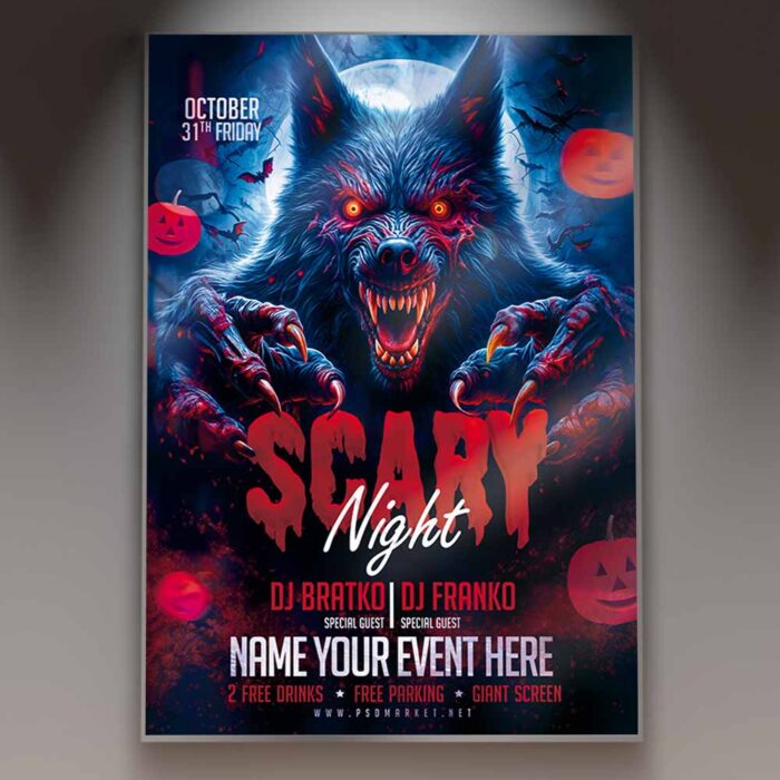 Scary Night Halloween Flyer Template with dark, eerie visuals for a spooky event.