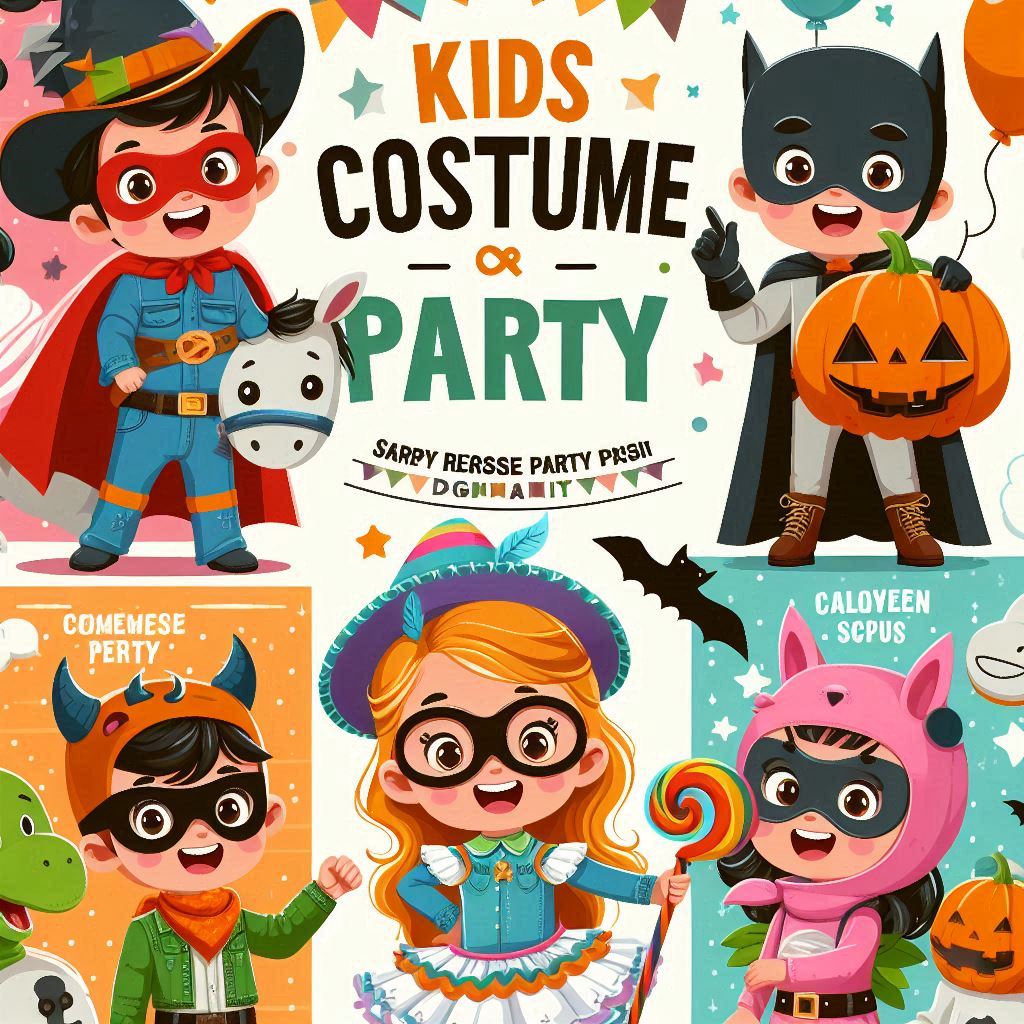Bright and colorful kids costume party flyer template with playful designs.