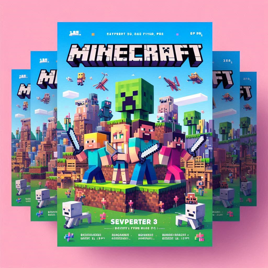 Customizable Minecraft flyer template with pixelated graphics from PSDMarket.