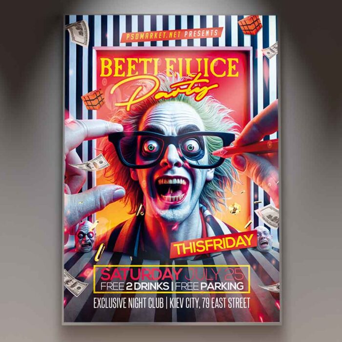 Beetlejuice Flyer Template featuring quirky visuals and bold typography