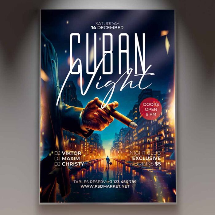 Cuban Nights Flyer Template with vibrant tropical colors and salsa dance theme