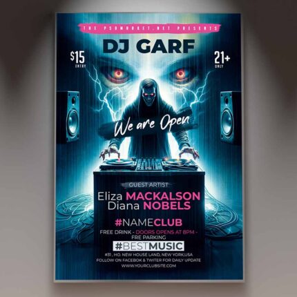 DJ Party Guest Flyer Template with bold and dynamic design.