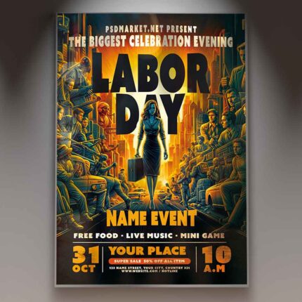 Labor Day Flyer Template with patriotic design and bold colors.