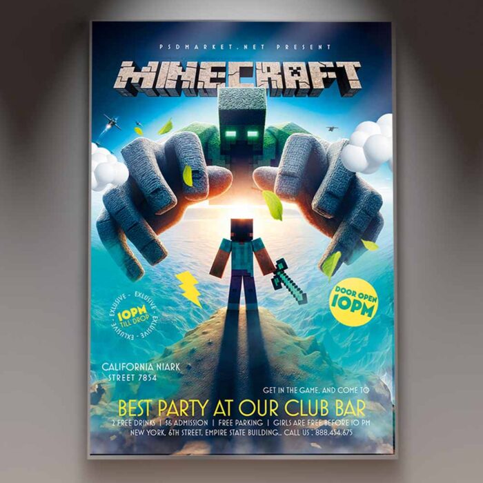 Minecraft Flyer Template with pixelated design elements for gaming events