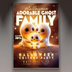 Adorable Ghost Family flyer template featuring cute ghost characters promoting a family-friendly Halloween costume party.