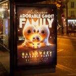 Customizable Adorable Ghost Family flyer PSD template for promoting Halloween costume parties and family-friendly events with a fun, whimsical design.