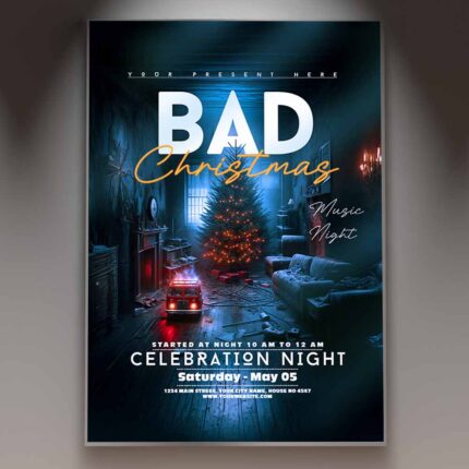 Bad Christmas Event Flyer Template showcasing playful holiday graphics and humorous designs.