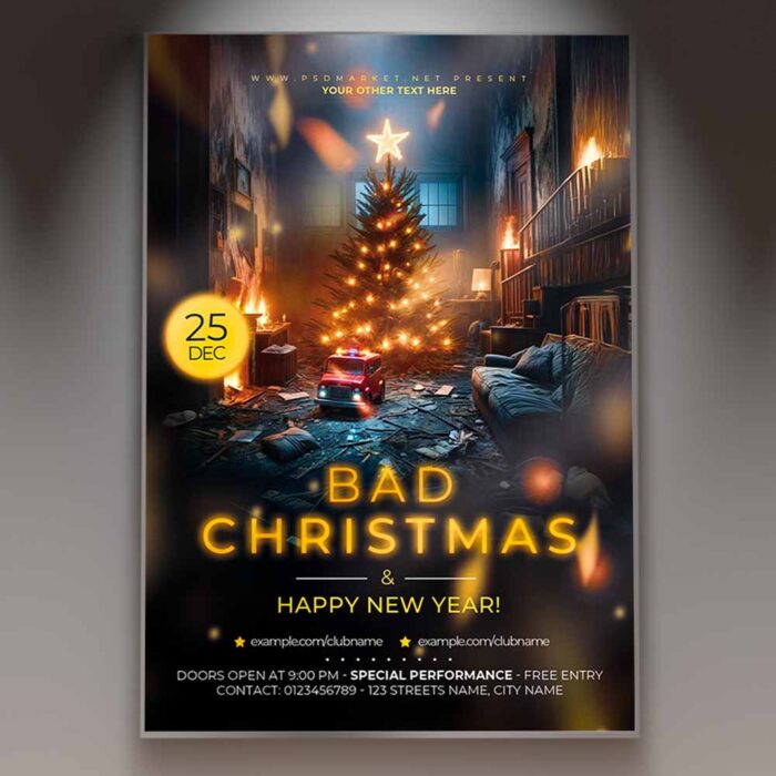 A vibrant flyer showcasing a playful Christmas theme with quirky illustrations, perfect for a unique holiday event.