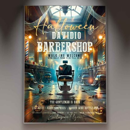 Barbershop Halloween event flyer template with vintage barber chairs and spooky decorations, ideal for promoting a Halloween-themed barbershop event.