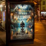 Stylish Barbershop Halloween event flyer template with a hauntingly retro design, perfect for advertising barbershop events with a Halloween twist.