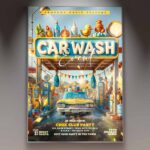 Vibrant car wash flyer template featuring a classic car and colorful event details, perfect for promoting a car wash event.