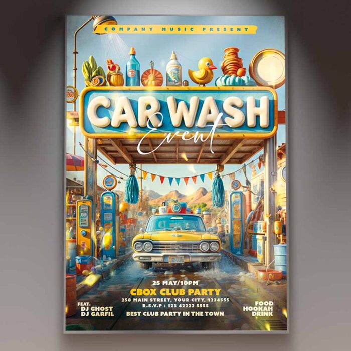 Vibrant car wash flyer template featuring a classic car and colorful event details, perfect for promoting a car wash event.