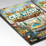 Car wash flyer with bold typography and festive decorations, ideal for club parties and automotive events.