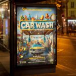 Detailed car wash event flyer template showing a retro car under a classic car wash sign, set in a lively atmosphere.