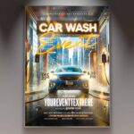 Car wash flyer featuring a car under water sprays in a city setting, perfect for advertising car wash services with an evening light ambiance.