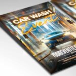 Promotional flyer for a car wash event showing a car against an urban background illuminated by city lights, ideal for showcasing car care services.