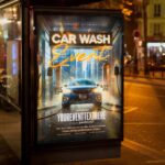 Modern car wash flyer with a vehicle being washed under bright lights among skyscrapers, suitable for promoting evening or nighttime car wash services.