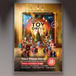 Christmas Toy Drive Flyer Template featuring festive holiday decorations, a large Christmas tree, and toys ready for donation, perfect for promoting charity events during the holiday season.