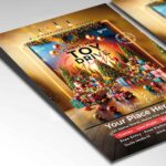 Toy Drive Event Flyer Template with red and green color themes, presents under a Christmas tree, and cheerful children, ideal for raising awareness and encouraging donations.