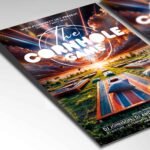 Cornhole Game Flyer Template: A lively design highlighting a cornhole tournament, set against a scenic sunset sky. Perfect for inviting participants to a summer party or competitive event.