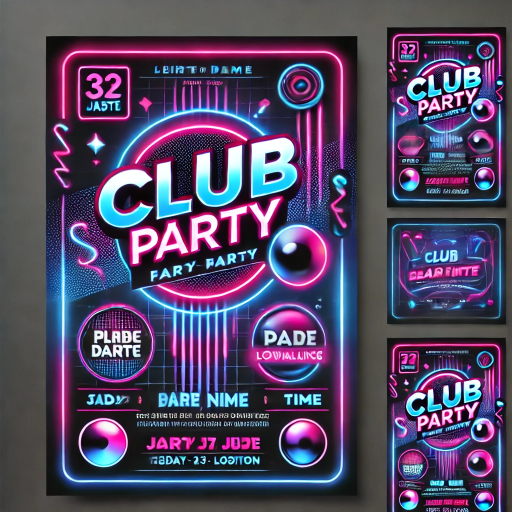 Customizable club party flyer template with neon colors and bold typography from PSDMARKET.