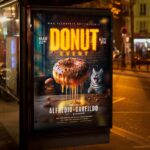 Modern donut flyer template displaying a variety of donuts with creative toppings, designed for marketing bakery promotions and events.