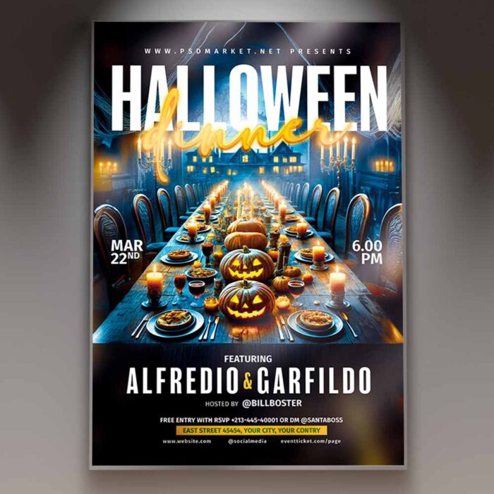 Halloween Dinner flyer template featuring a spooky dinner table setup with pumpkins and candles, perfect for promoting a Halloween dinner event.