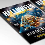 Eerie Halloween Dinner flyer template showcasing a long table with jack-o'-lanterns and a haunted house backdrop, ideal for Halloween dinners.