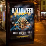 Customizable Halloween Dinner flyer PSD template for promoting Halloween dinner parties with a spooky and festive theme.