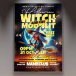 Moonlit Witch and Cat flyer template featuring a witch and her black cat flying on a broomstick against a full moon, promoting a Halloween party.