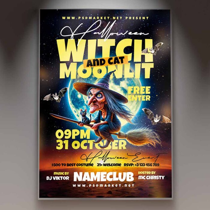 Moonlit Witch and Cat flyer template featuring a witch and her black cat flying on a broomstick against a full moon, promoting a Halloween party.