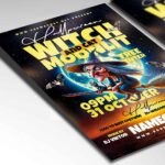 Enchanting Moonlit Witch and Cat flyer template with a spooky witch and cat under a full moon, ideal for Halloween events.
