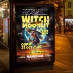 Customizable Moonlit Witch and Cat flyer PSD template for promoting Halloween parties with a spooky, moonlit theme.