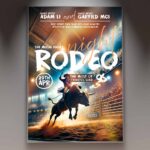Rodeo Night flyer template showcasing a thrilling rodeo event with a bull rider in action, perfect for promoting a rodeo night.