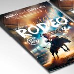 Vibrant Rodeo Night flyer template featuring a bull rider and a packed stadium, ideal for rodeo-themed events.