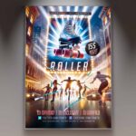 Retro-themed roller skating flyer template featuring a large roller skate and neon lights, perfect for promoting a roller skating night event.