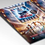 Roller skating flyer template with a spotlighted skate and dancing skaters, ideal for a vibrant roller skating party promotion.