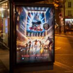 City-themed roller flyer template with energetic skaters and neon lights, great for attracting attendees to a roller skating event.