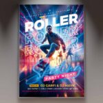 Dynamic roller skating flyer template featuring a skater in action with neon lights, perfect for promoting a roller skating party event.